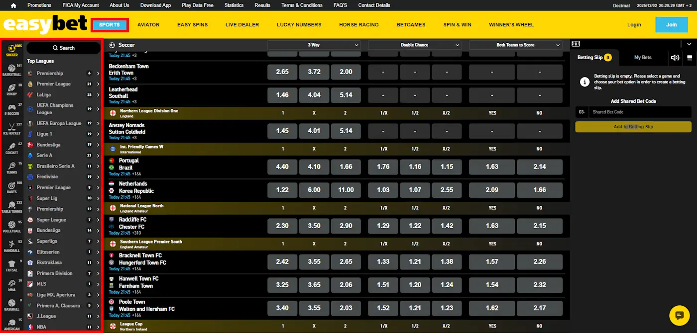 easybet Sports Menu Screenshot